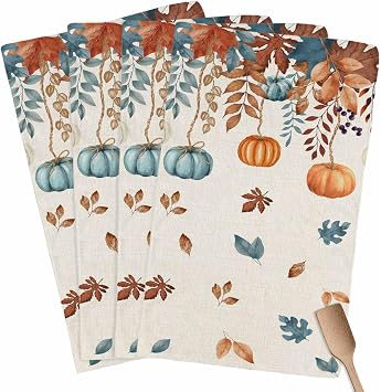 Thanksgiving Pumpkin Fall Leaves Kitchen Towels 4 Pack,Microfiber Dish Towel Set Farm Maple Leaf Retro Linen Soft Highly Absorbent Tea Hand Towel Quick-Drying Cleaning Towels Dish Cloths