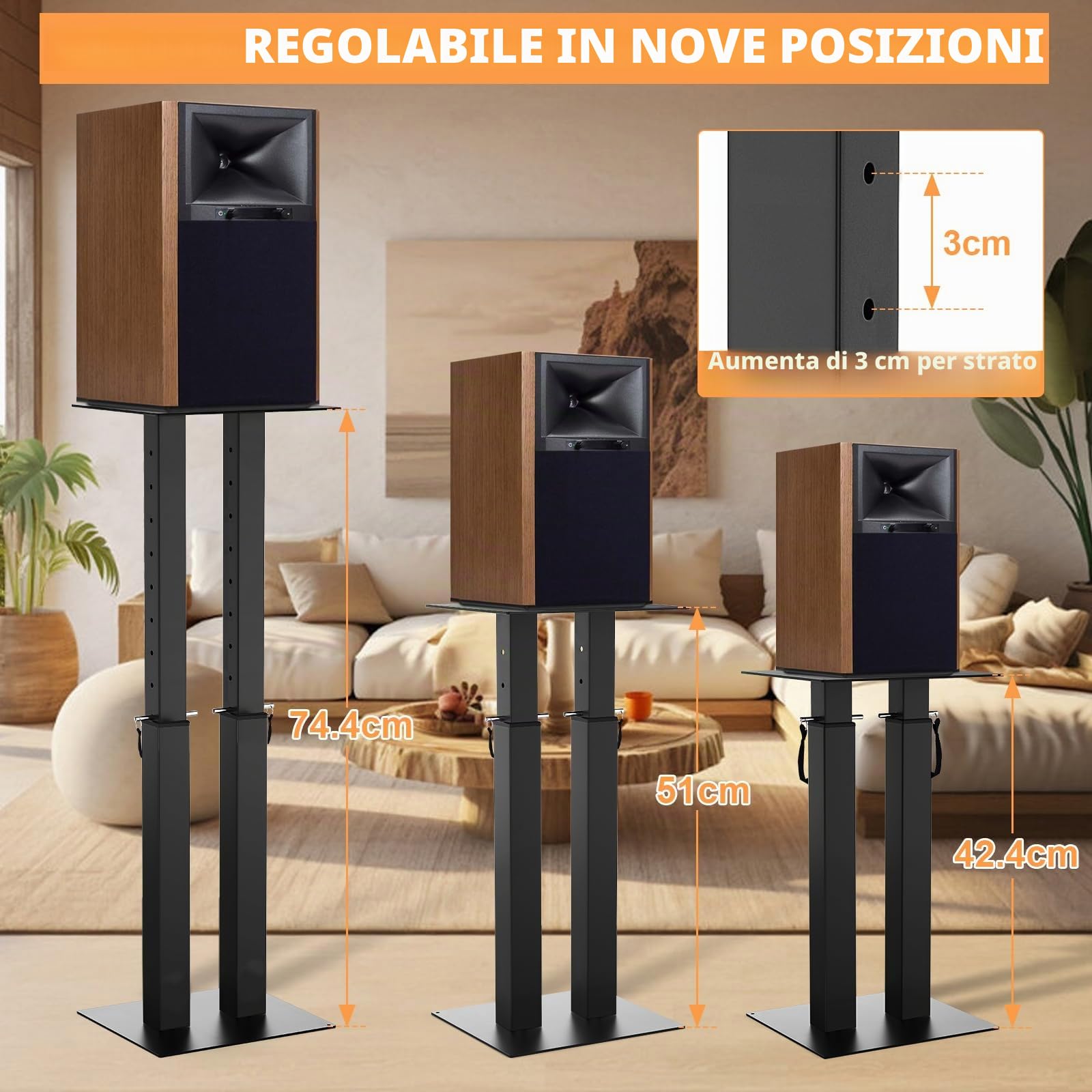 OUUTMEE Supporti per altoparlanti regolabili in altezza con gestione dei cavi, set di 2 supporti per altoparlanti da pavimento con tappetini antiscivolo in EVA, supporto per altoparlanti a doppio tubo