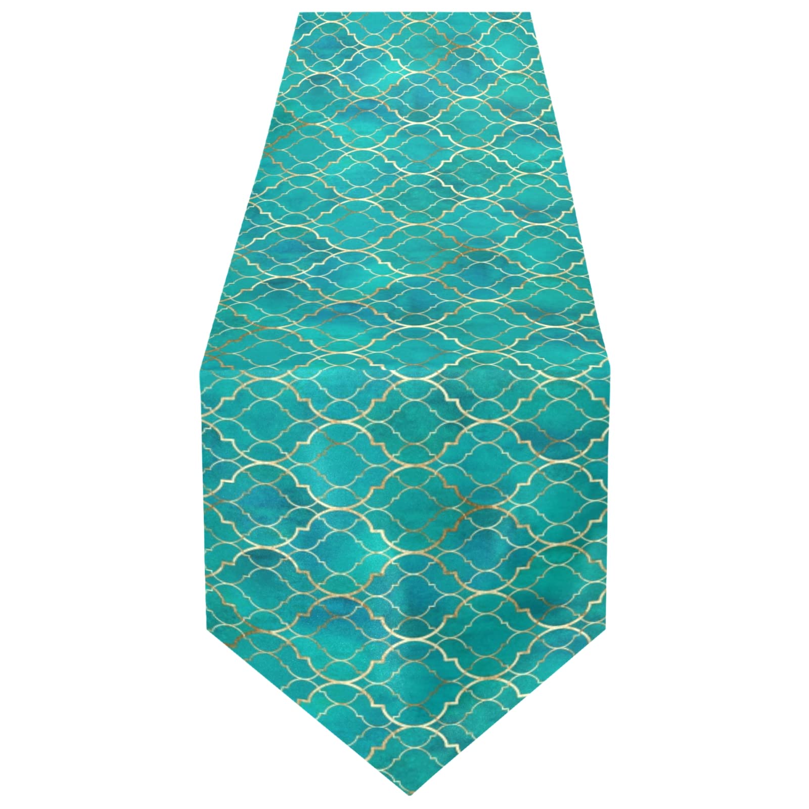 Poeticcity Multi 3 Seamless Green Teal Moroccan Tiles With Golden Gold Geometric 13" X 70" Rectangle Table Runner Long Tablecloth Placemat For Party Home Decor Indoor Outdoor Office Kitchen Dining Wedding