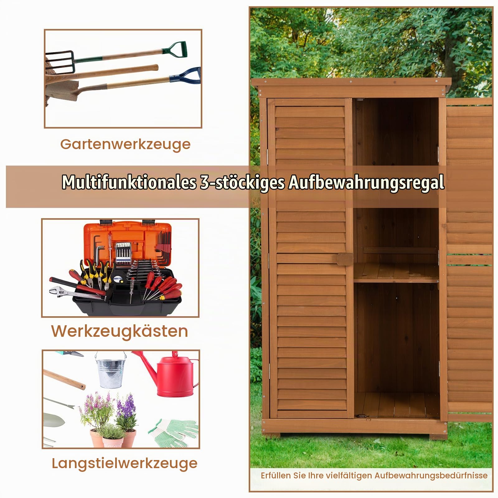 HOMASIS Gartenschrank Holz, Gerätehaus Wetterfest Outdoor, 87x47x160cm, Gartenhaus mit 2 verstellbaren Regalen, Geräteschuppen mit Asphaltdach, Geräteschrank Gartenschuppen Holzschuppen, Natur
