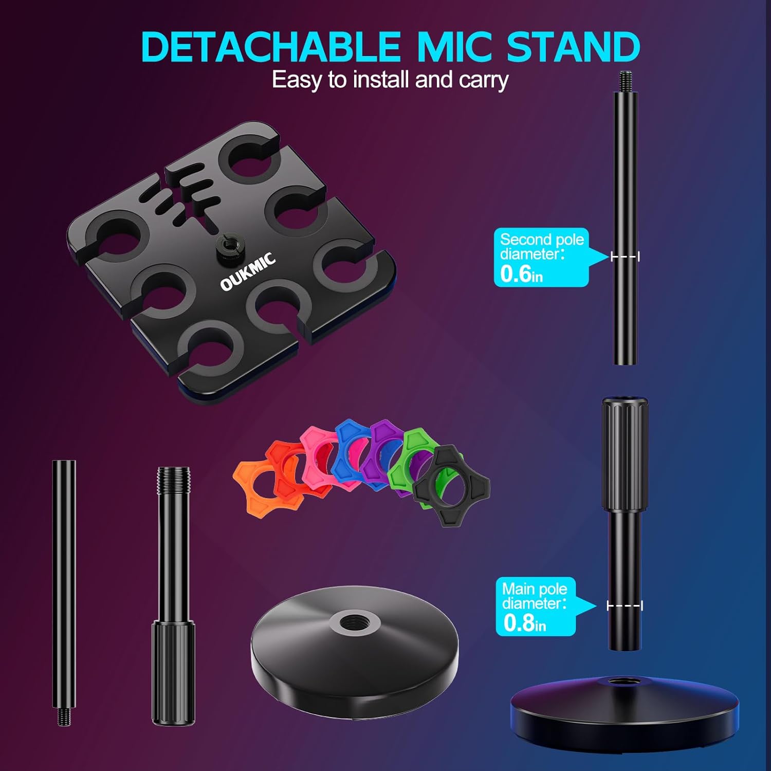 Multi Microphone Holder with Desktop Mic Stand, Square Tray with Cable Slots Holds Up to 7 Mics, Wired and Wireless Mic Holder for Stage Organizer and Display-7 Anti-roll Rings Included