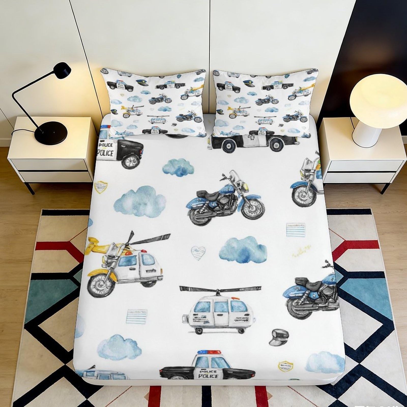 Jqzkxnhpbr Style-8 3D Printed Police Motorcycle Fitted Sheet Microfiber Anti-Slip Patrol Car Mattress Cover For Bedroom Dorm Room Decor 90X200x25cm
