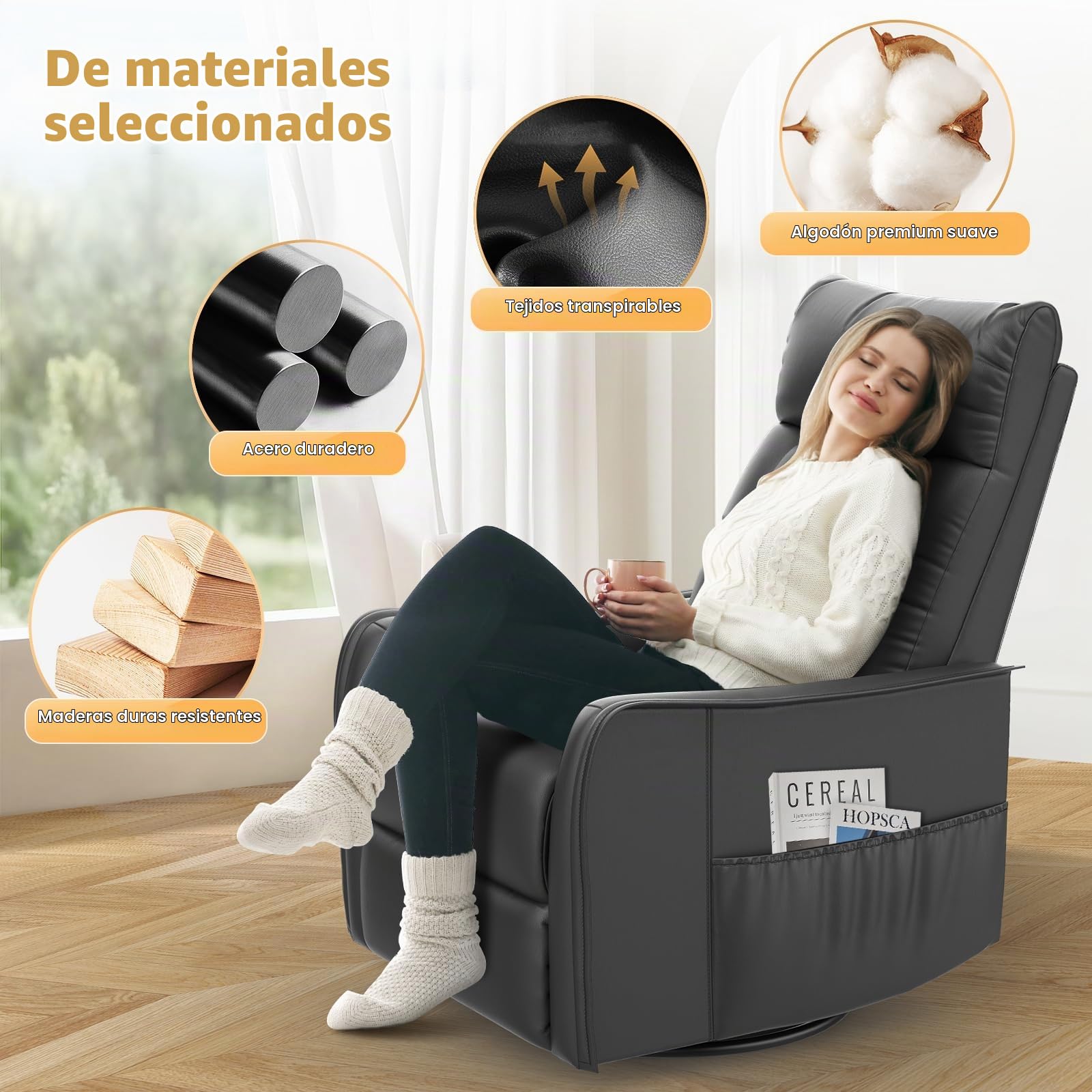 Sillón reclinable Mecedora giratoria con Masaje y Calor, reposapiés extendido,Sillón reclinable 3 en 1 para Sala de Estar, sofá Individual Ajustable con Bolsillos Laterales Doble
