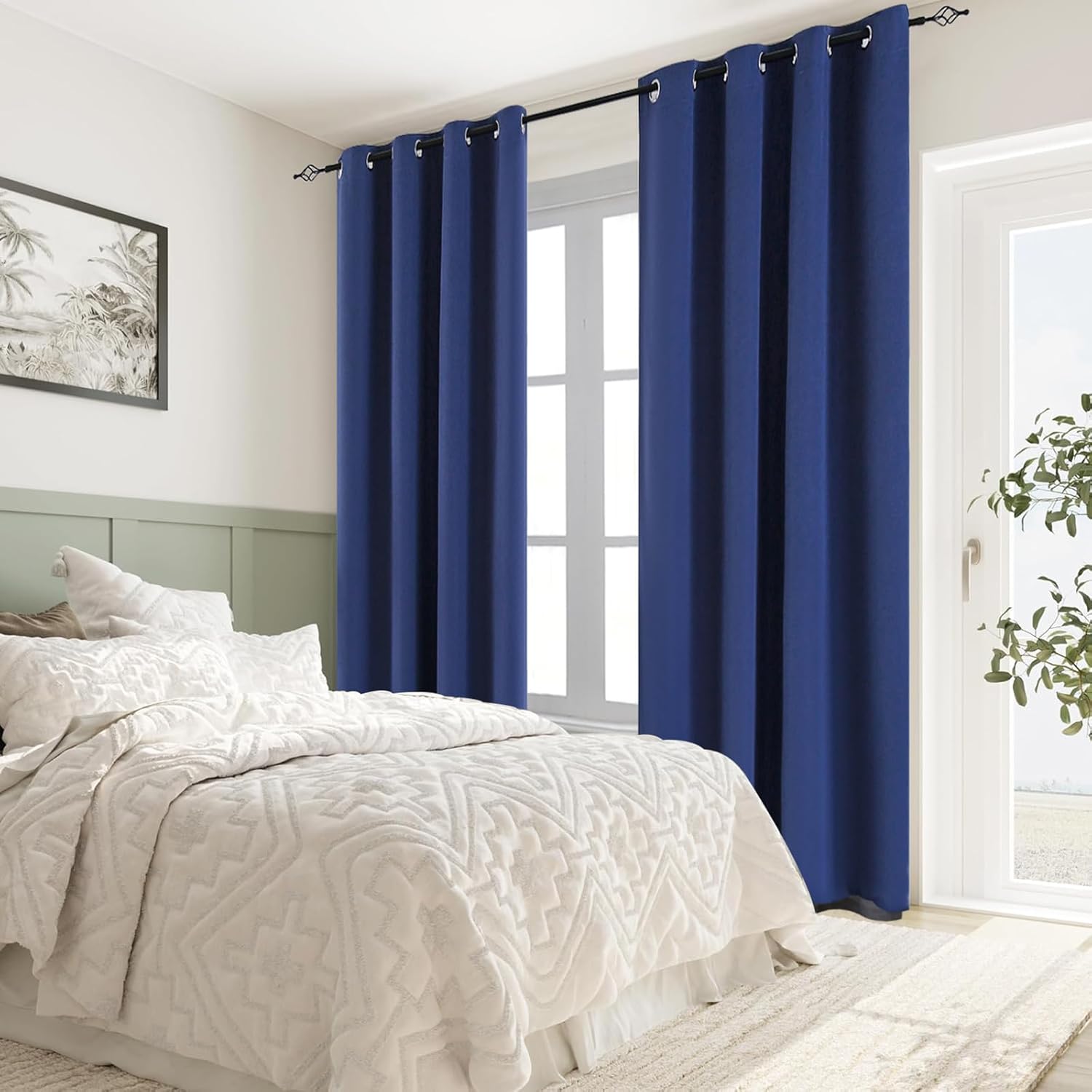 100% Blue Linen Blackout Curtains for Bedroom,Black Out Curtains for Living Room,Double Layer Usable Room Darkening Curtains 84 inches Long,Bedroom Linen Curtains Blackout,52 Wide,2 Panels