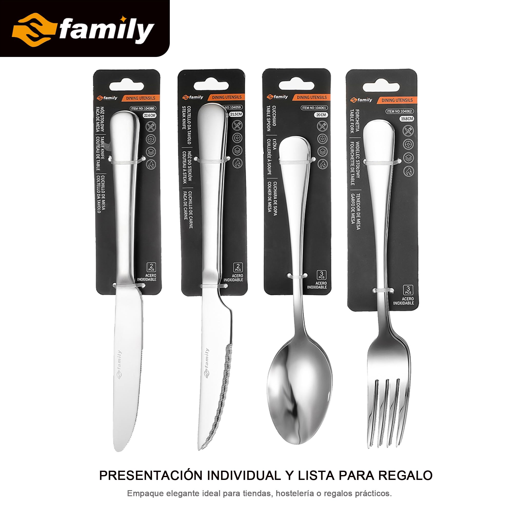 Cuchillo de Carne Acero Inoxidable 21.5x2CM FAMILY Pack 6 Cubiertos Hogar Restaurante
