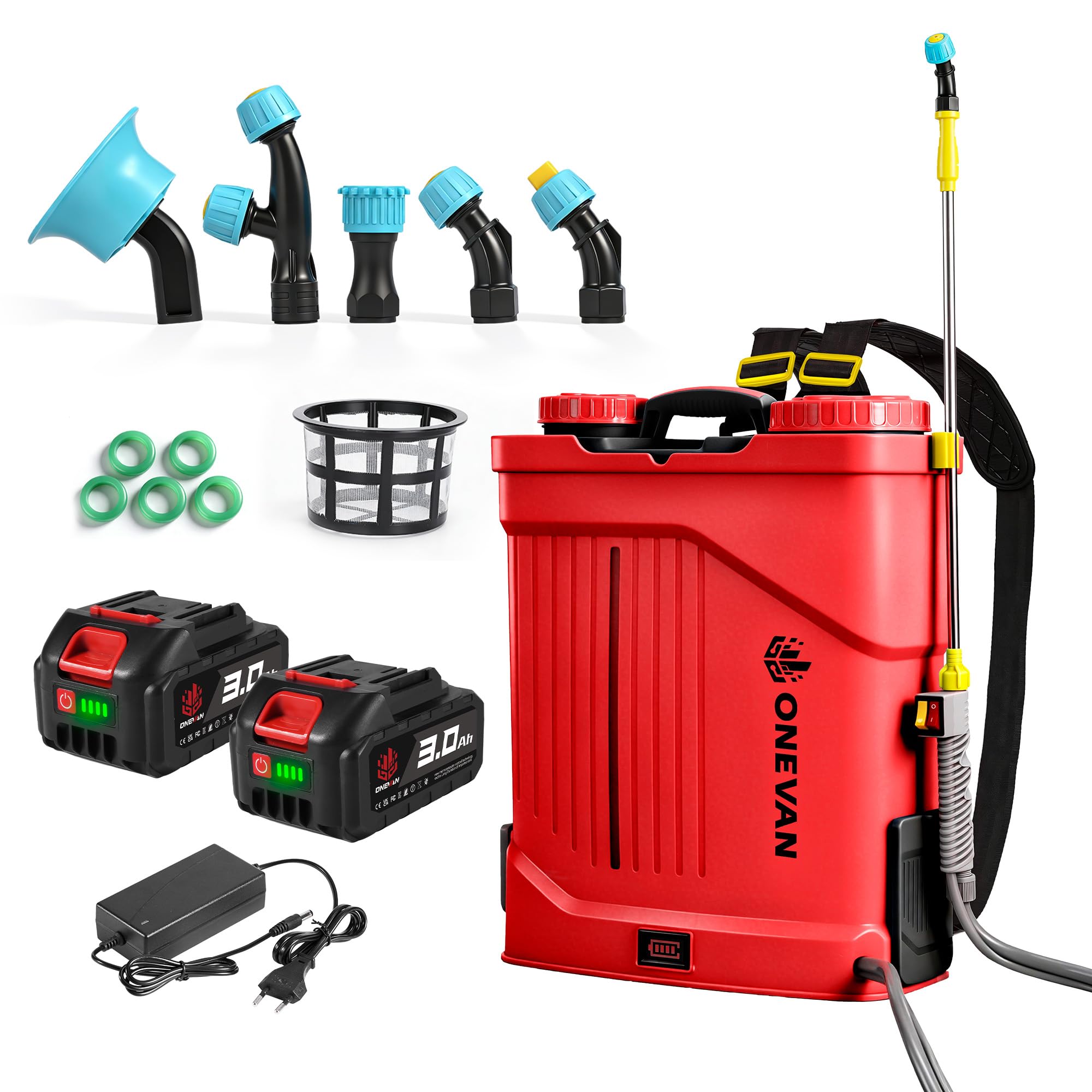 ONEVAN Pompa a Spalla Elettrica 20L, Irroratrice a Batteria, 2x3,0Ah, Funzione Agitatore, 5 Ugelli & Lancia Telescopica, Spruzzatore Wireless per Giardino, Agricoltura, Trattamento Piante
