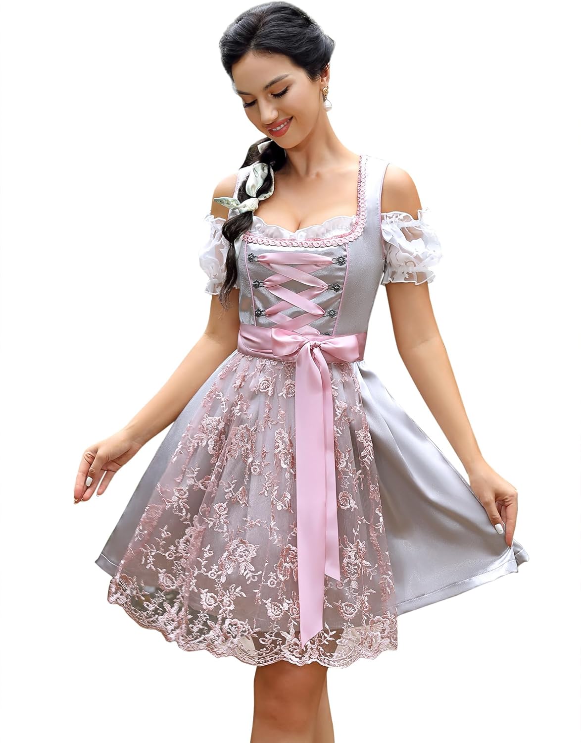 Clearlove 3-delige dirndl voor dames, driedelige klederdrachtjurk voor het Oktoberfest of carnaval, jurk, blouse, schort (herbruikbare verpakking), bloemen, 38
