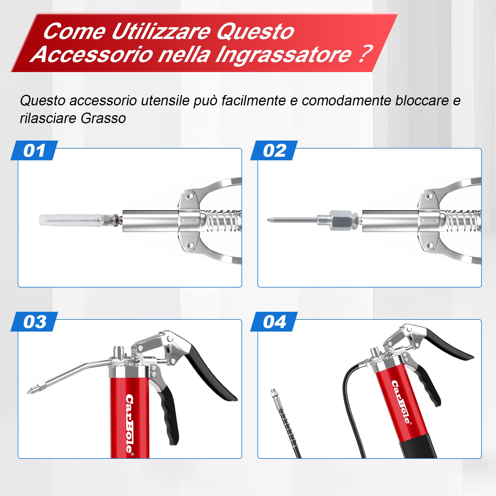 CarBole Ingrassatore 8000PSI con G Grasso Pistola Accoppiatore,Pistole per Grasso,con 3 Tubi Flessibili e Tubo di Prolunga in Metallo,Quattro Tipi di Ugelli,Compatibile con Cartuccia da 400cc
