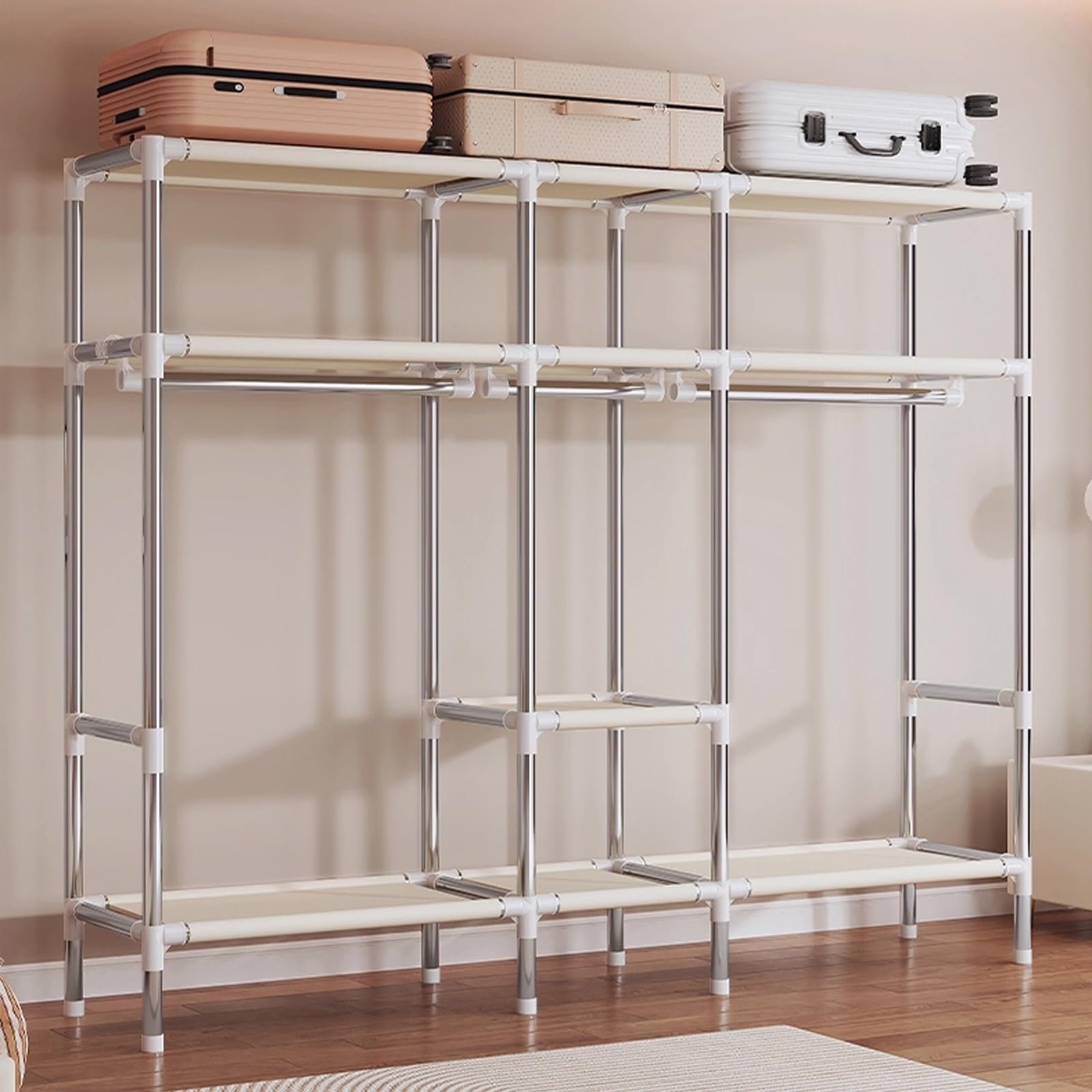 Kleiderschrank Stoff mit Kleiderstange Große Kapazität Camping Kleiderschrank Klappbar Klamotten Ständer mit Reißverschluss für Wohnheime und Wohnungen(Beige,68cm)