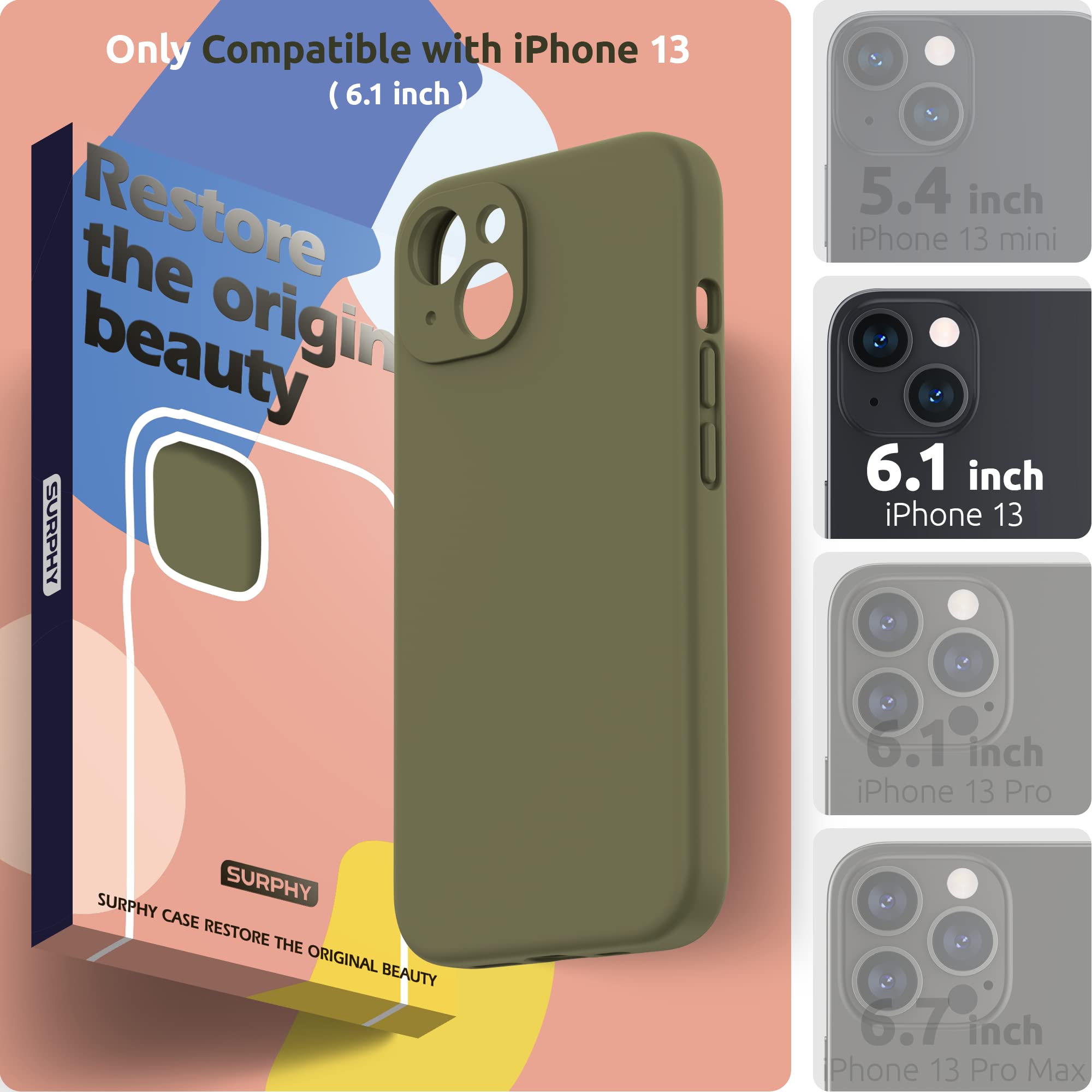 SURPHY Cover per iPhone 13 con Vetro Temperato (6,1"), Custodia per iphone 13 Silicone con Protezione Fotocamera, case protezione Completa,Antiurto, Morbida Microfibra Antigraffio (Verde kaki)