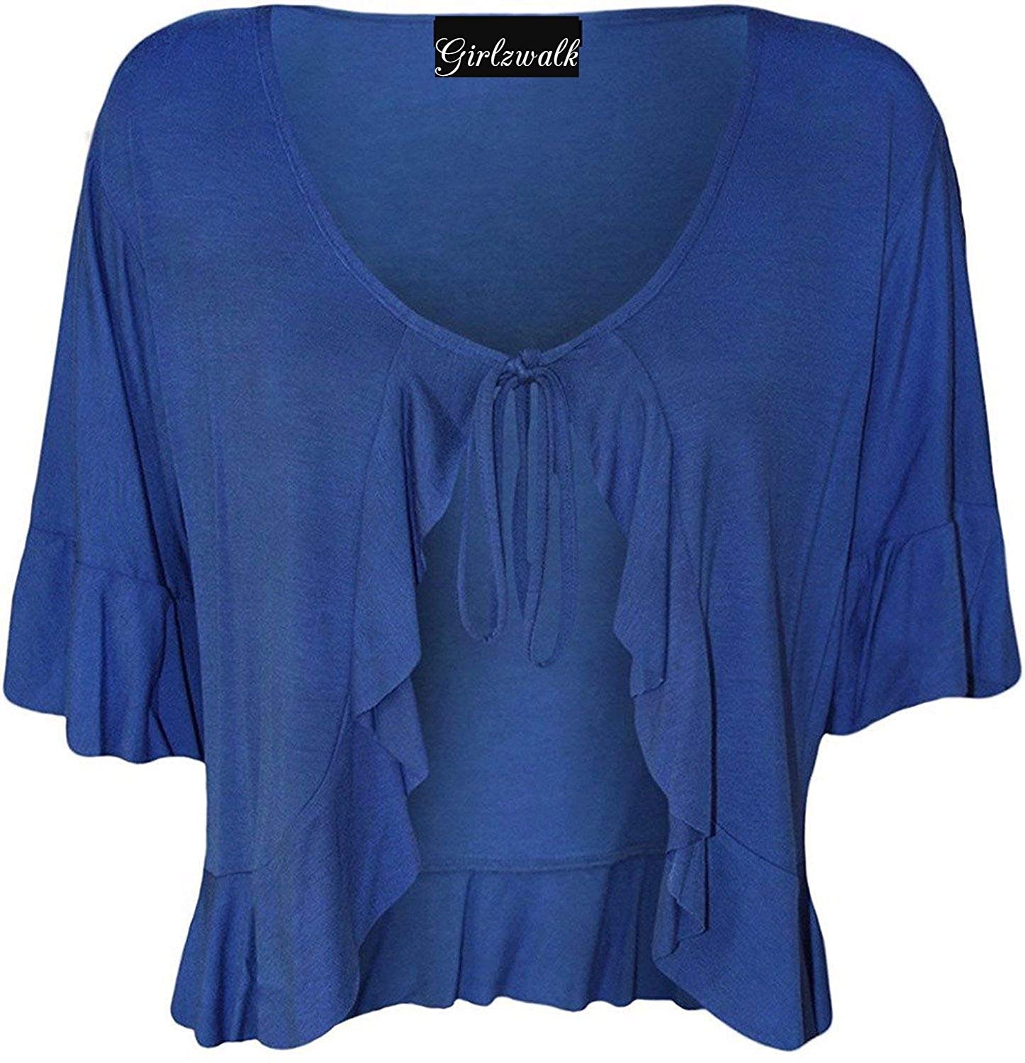 Gostyles Women's Royal Blue Gostyles® Short Sleeve Stretch Frill Front Tie Cardigan, Elegant Summer Layer Cropped Bolero Shrug Top (, 14)