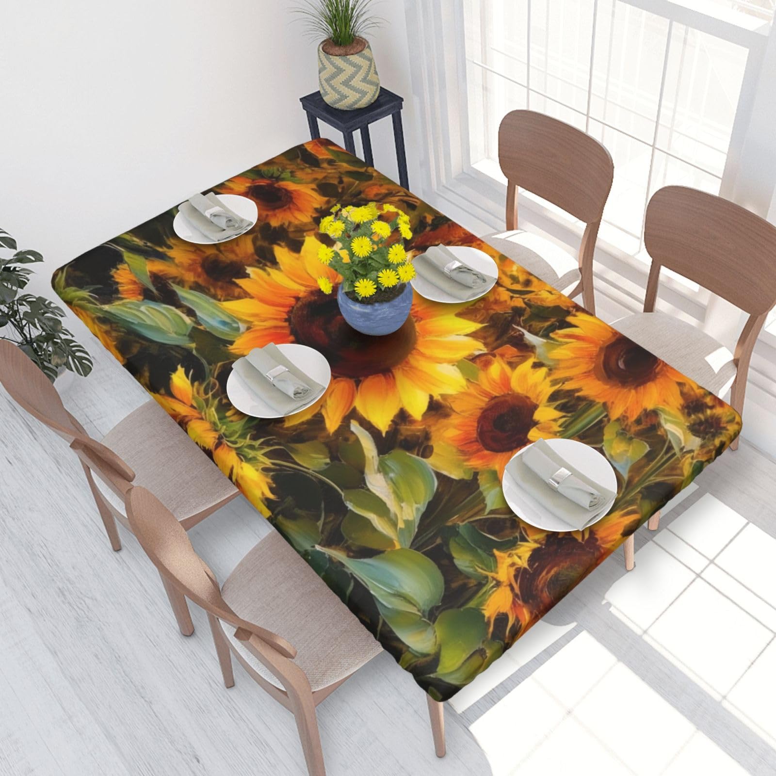 DCARSETCV Sunflowers print Printed 4FT Waterproof Tablecloth with Elastic Edged Protect & Decor Your Table, Oil-proof Washable Table Cloth Cover for Dinner Picnic Party