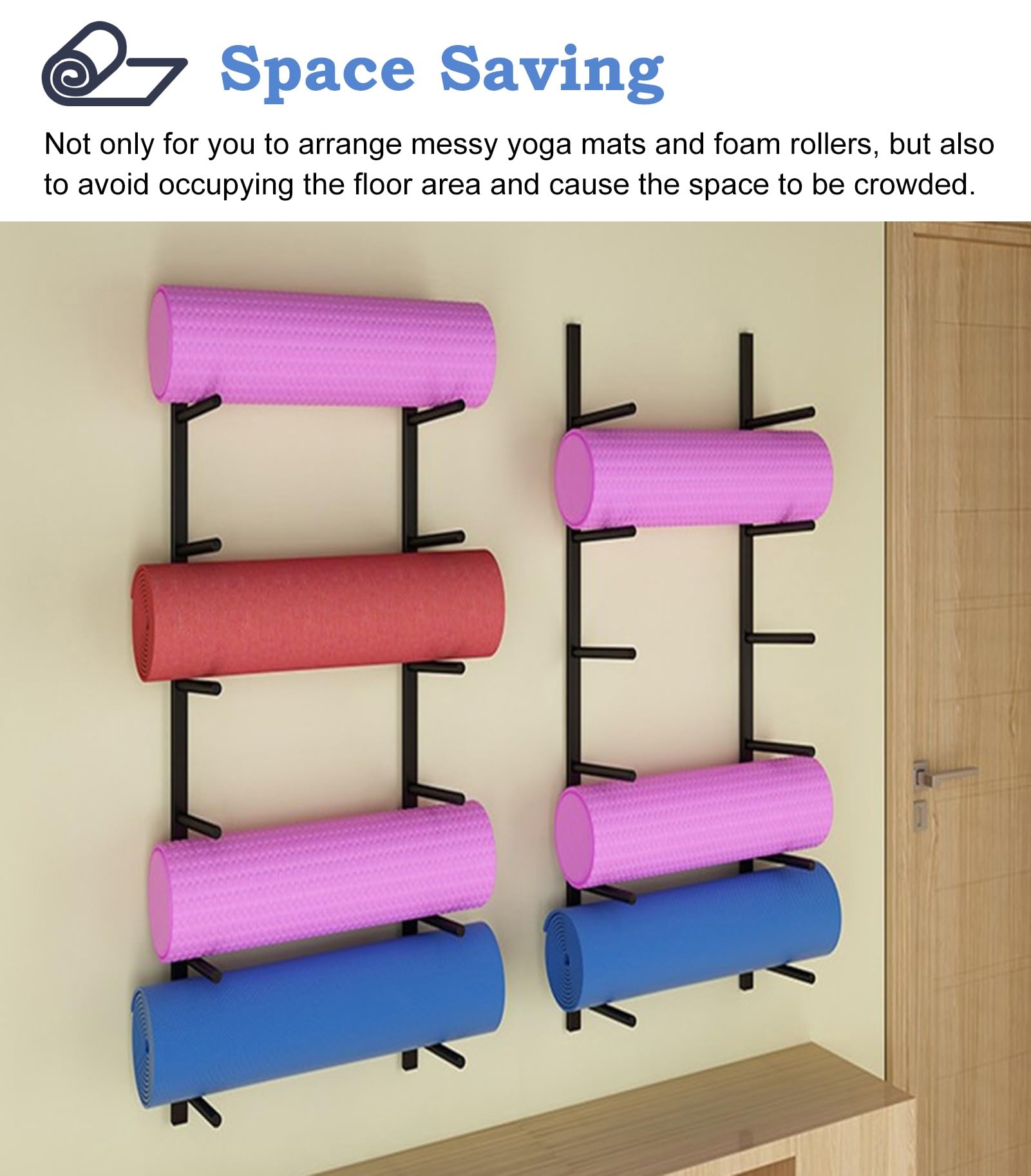 Soporte para Esterillas de Yoga Soporte de Pared del Tenedor de La Estera de Yoga, Estante Negro del Almacenamiento de La Estera de Yoga, Accesorios de Gimnasio en Casa, Organizador de Rodillos de Esp