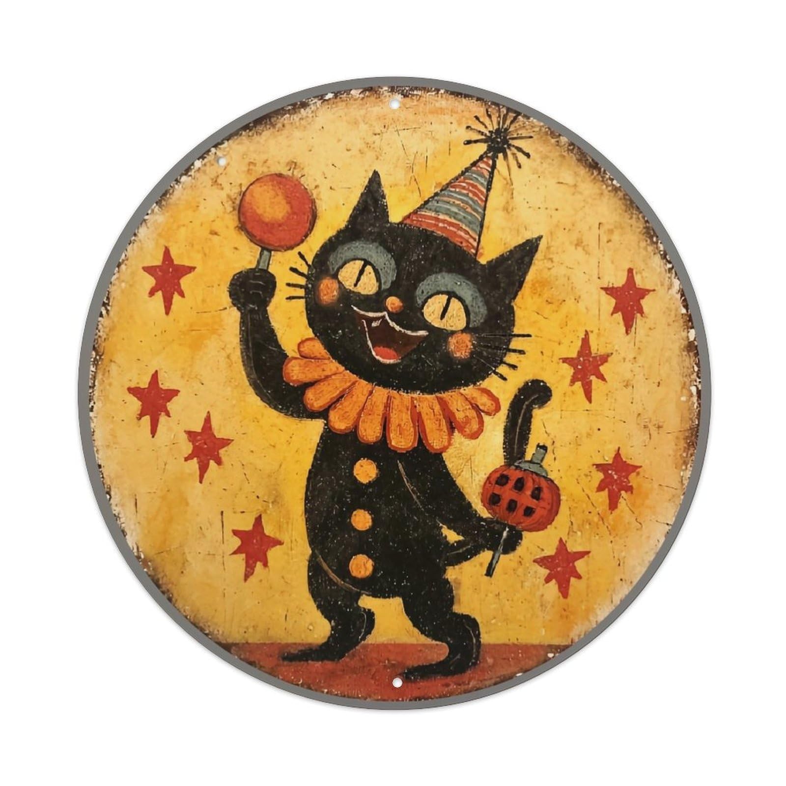 Black Cat Juggling Stars Party Hat Metal Tin Sign Plaque