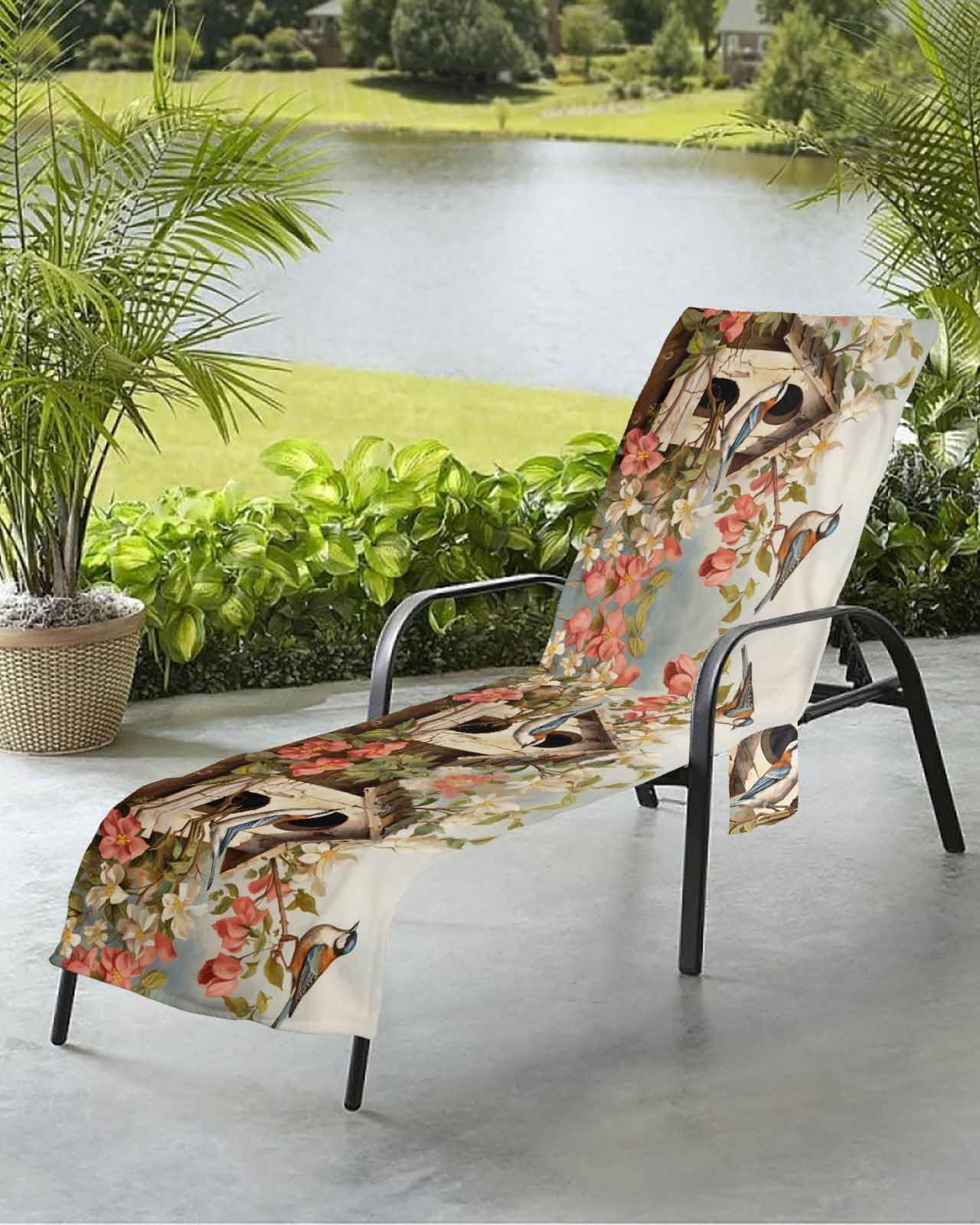 Birdhouse Flower Beach Chair Towel Covers for Chaise Lounge with Side Pocket, Soft Plush Pool Towels Cover for Patio Sunbathing Outdoor 29''x85'' Farmhouse Rustic Green Botanical Leaves