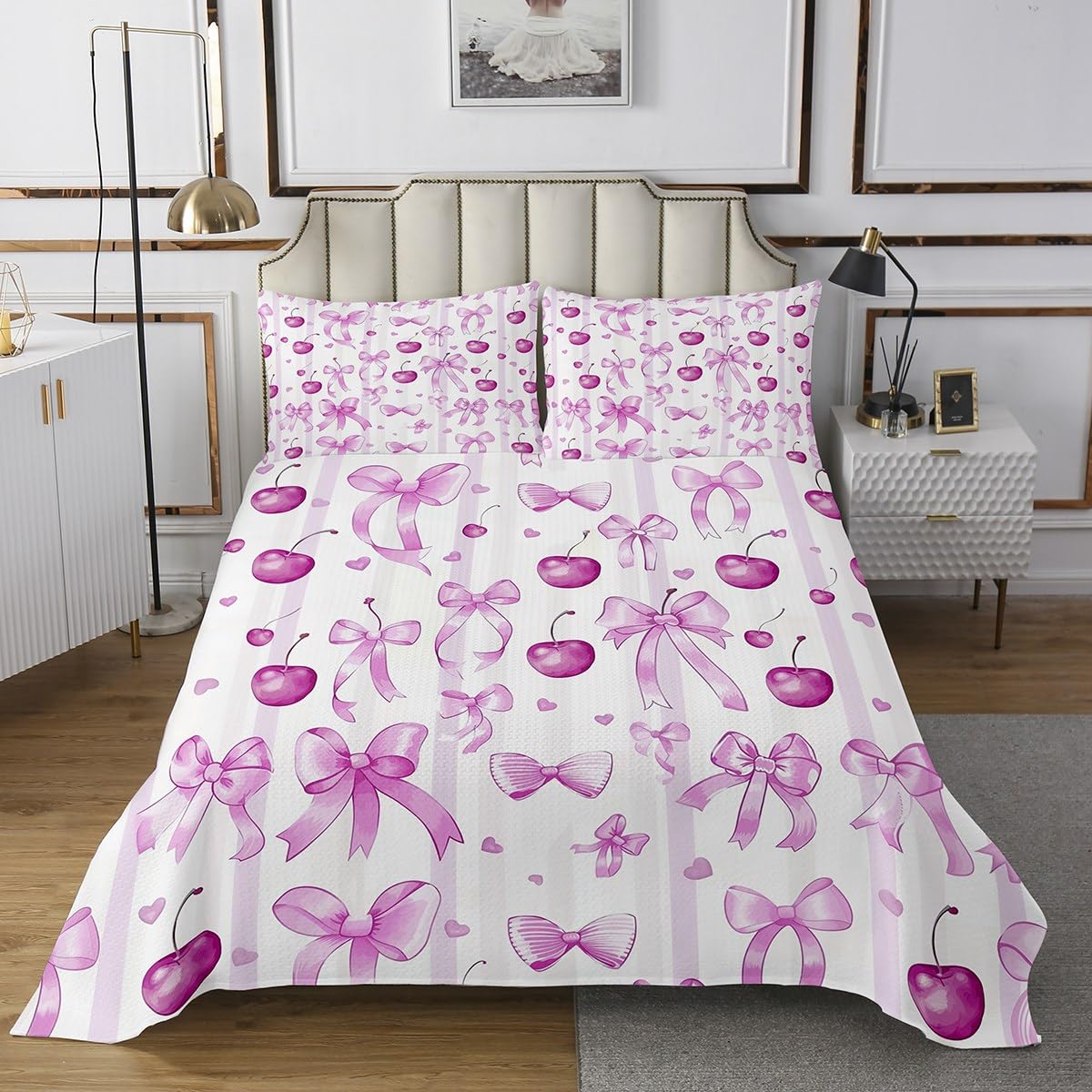 Dreamy Princess Style Bedspread Queen Size Kids Coquette Bows Quilted Coverlet For Teens Kawaii Oriental Cherry Coverlet Set Breathable Soft Lightweight Microfiber Cute Bowknot Room Decor Bed Cover