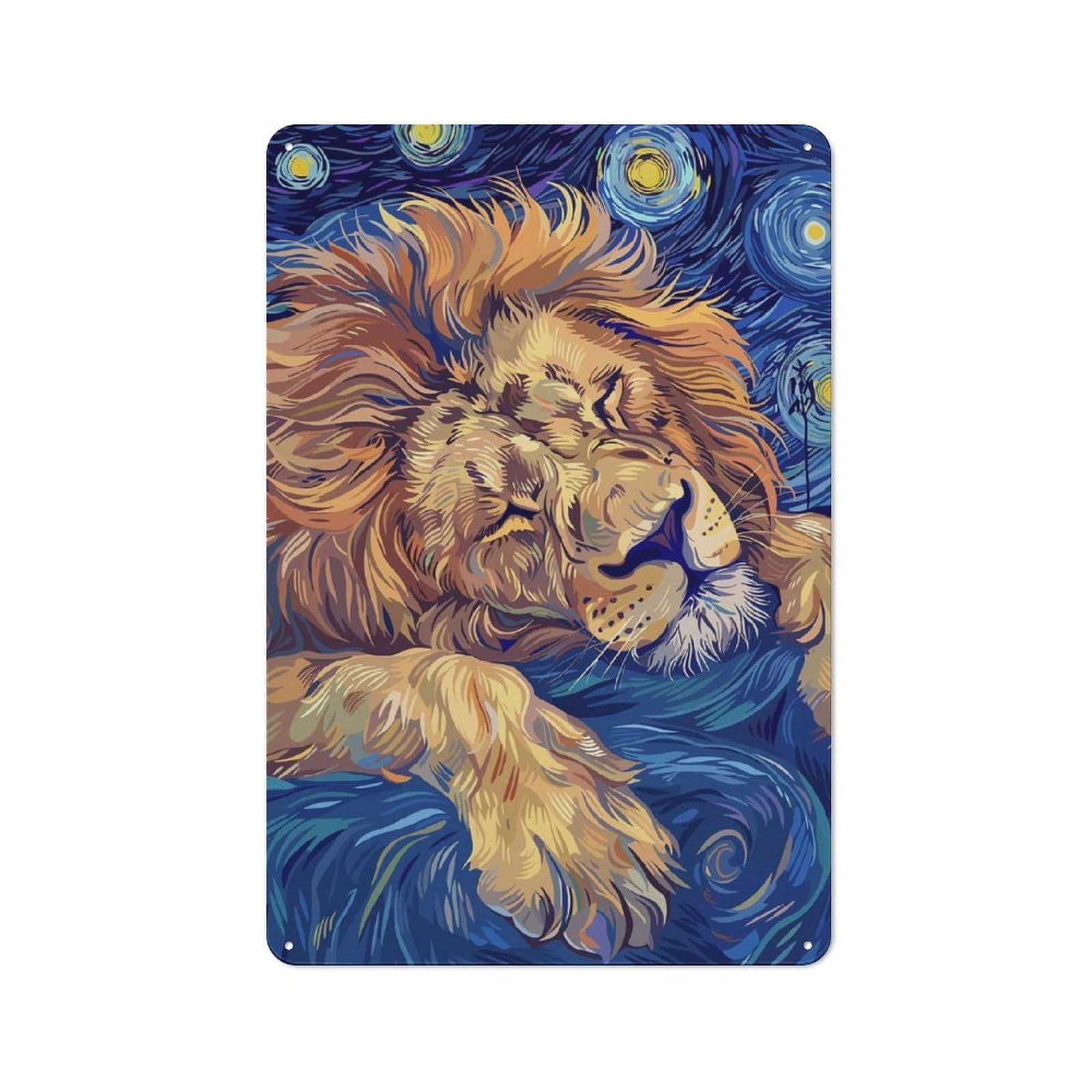 Junmoney Lion Sleeping In Starry Night Style Tin Sign 30X20cm With For Hallway Wall, Vintage Decor, For Home Interiors, Feature Walls And Decorative Displays
