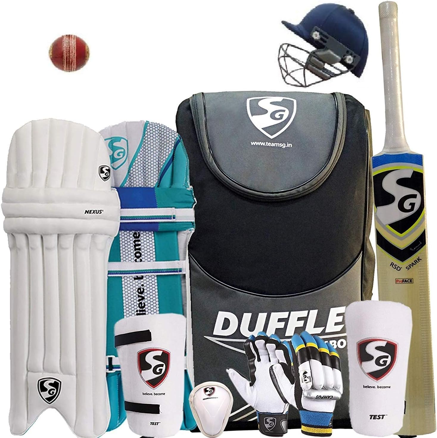 SG Full Cricket Kit with Duffle Bag and Trycom Brand Ball(with helmat) (Size 5 Ideal for Age Between 10 to 11 Year)