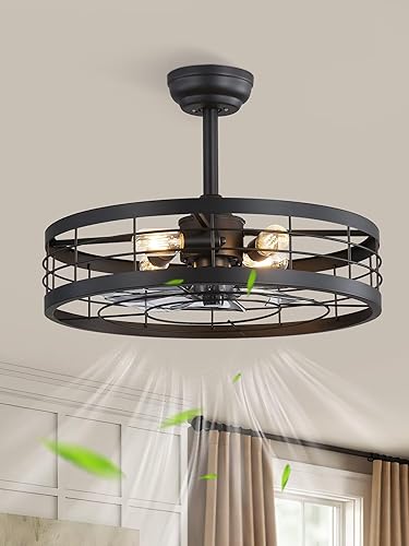 LEDIARY - Ventilador de techo 22 pulgadas con jaula y luz, diseño industrial sin aspas, estilo granja, para cocina, dormitorio, exterior, control