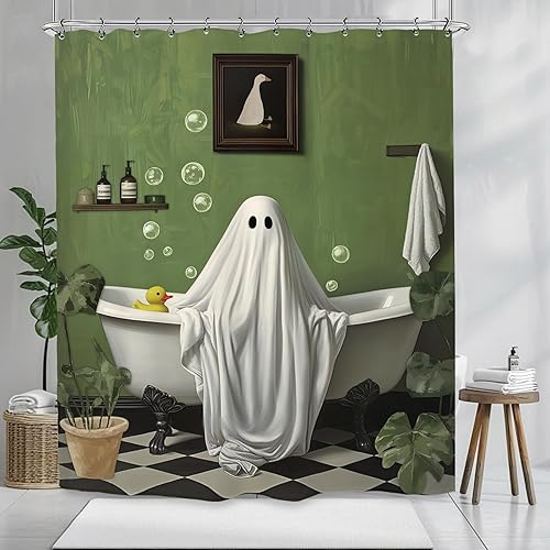 Miniatura 2 de Divertida cortina de ducha de fantasma, de Halloween, 60 pulgadas de ancho x 72 pulgadas de largo, diseño de Monstera tropical, terror,