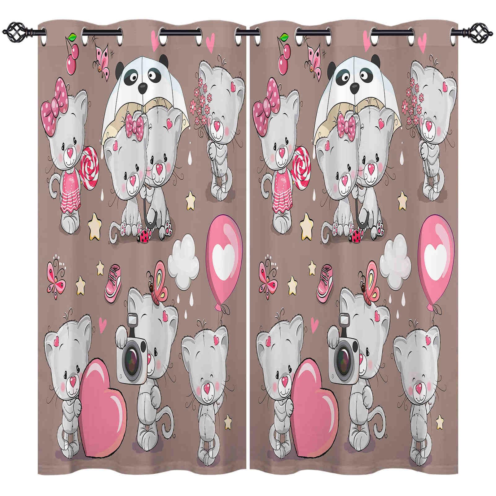 ANHOPE Kitten Curtains Eyelet Soft Thermal Insulated Blackout Curtains Brown Background Gray Cute Cartoon Kitten Cat Print Pattern Ring Top Window Drapes for Bedroom Living Room 55 x 69 Inch 2 Panels โ image 1