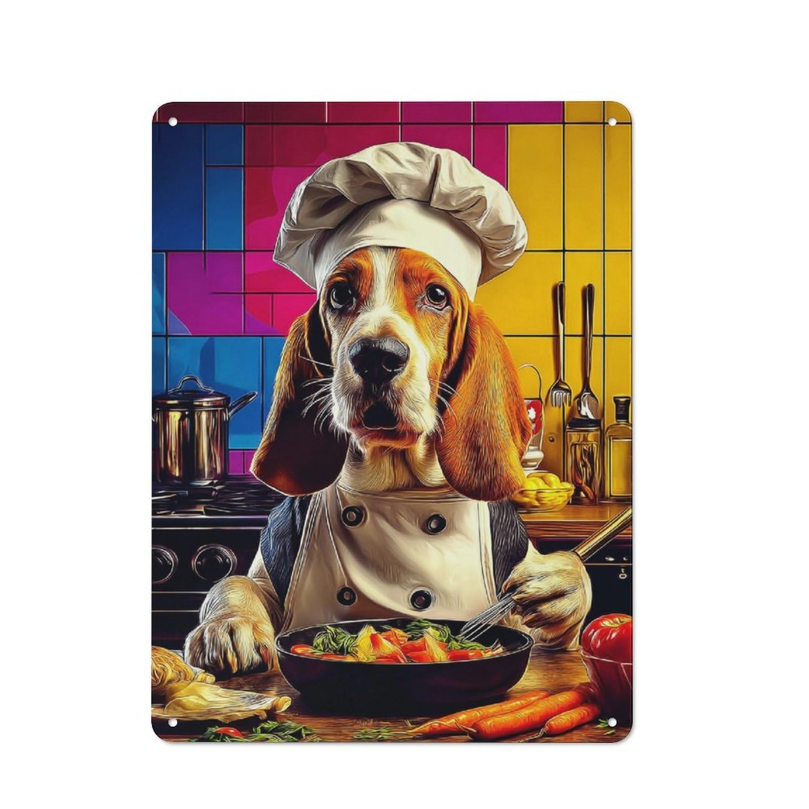 Junmoney Basset Hound Chef Cooking Vegetables Tin Wall Plaque 40X30cm With For Dining Room Or Kitchen, For Collectors Decorating Kitchens And Dining Spaces