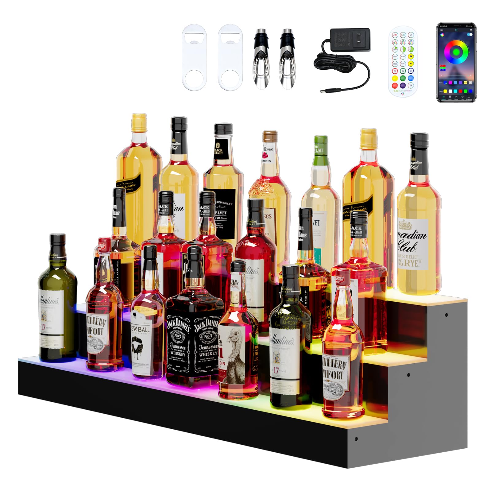 Dethan 3 Tier 40 Inch Liquor Bottle Display Shelf - Illuminated Wine Racks with Multi-Color App &amp; Remote Control, Adjustable Brightness &amp; Sound Modes, Acrylic Bar Shelves Displays