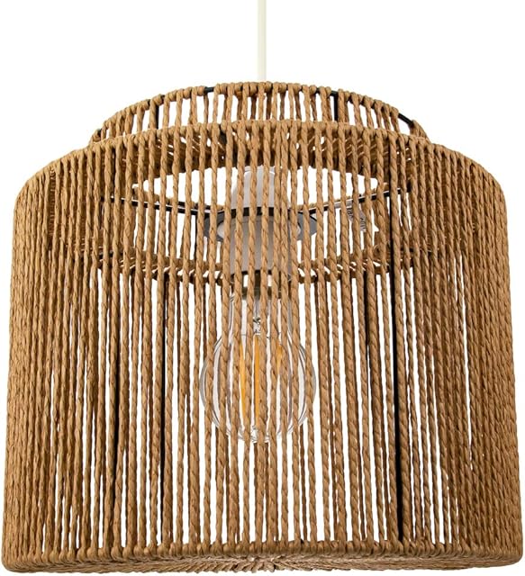 Traditional Vintage Thin Woven Rope Light Brown Non-Electrical Pendant Light Shade | 60w Maximum | 25cm Height by Happy Homewares