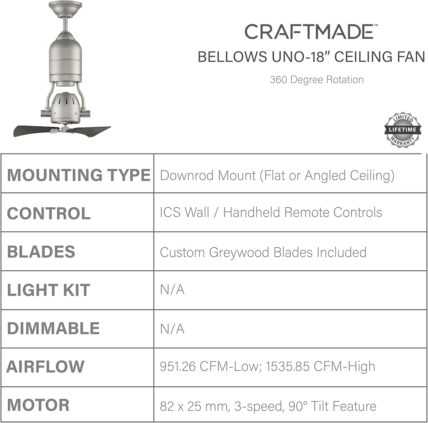 Craftmade 18" Bellows Uno BW318PN3 Indoor/Outdoor Damp Rated Ceiling Fan, Painted Nickel Finish with set of 3 Custom Greywood Blades; Remote and Wall Control Included