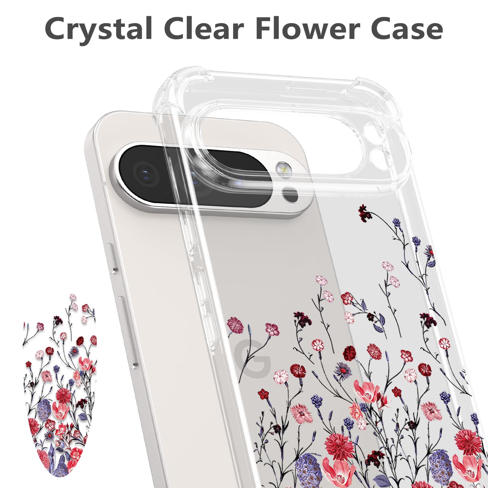 RALEAVO Compatible with Google Pixel 9 Pro XL Clear Floral Case Girly Soft Slim Bumper Case with Flower Pattern for Pixel 9 Pro XL-Red Flower - Image 2