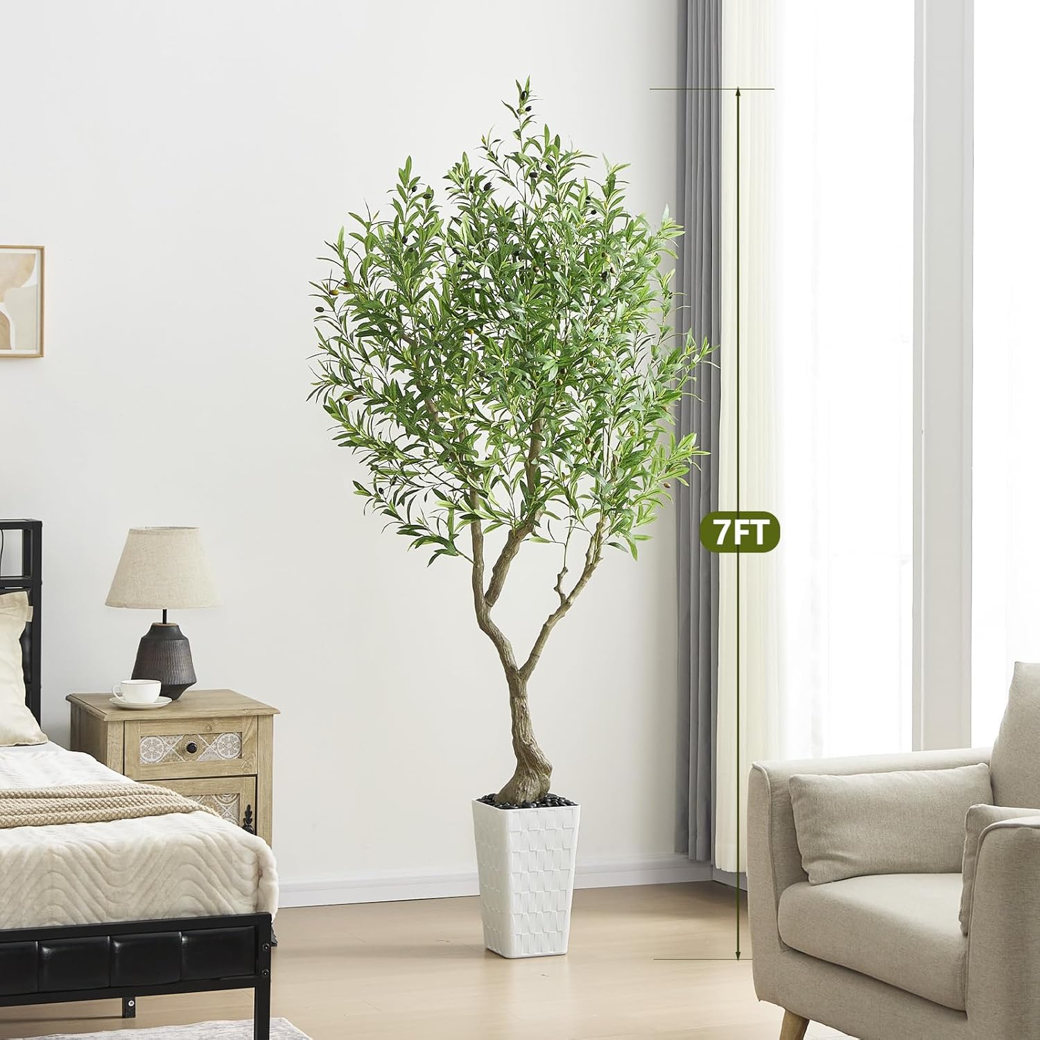 Olive Trees Artificial Indoor 7FT Tall Faux Olive Plants Silk Plant with White Planter, Artificial Plants Home Office Decor, Fake Olive Trees with Lifelike Fruits for Bedrooms Living Room