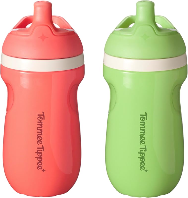 Tommee Tippee Toddler Sippy Cup, Sporty Spout, 1-3 Years, Insulated | Pack of 2, 9oz, No Spill Two-Piece Valve, Green & Red, BPA Free