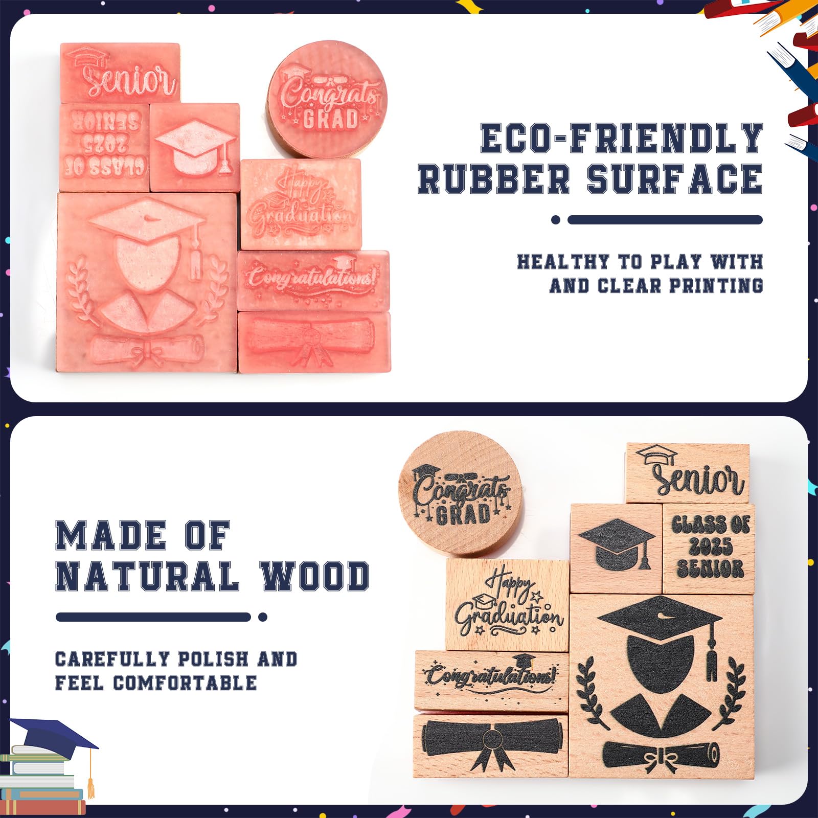 Supervitae Gummistempel-Set aus Holz, 8 Stück, zum Schulabschluss, Vintage, Holzstempel zum Basteln und Basteln, Scrapbooking, Kartenherstellung, Handbuch