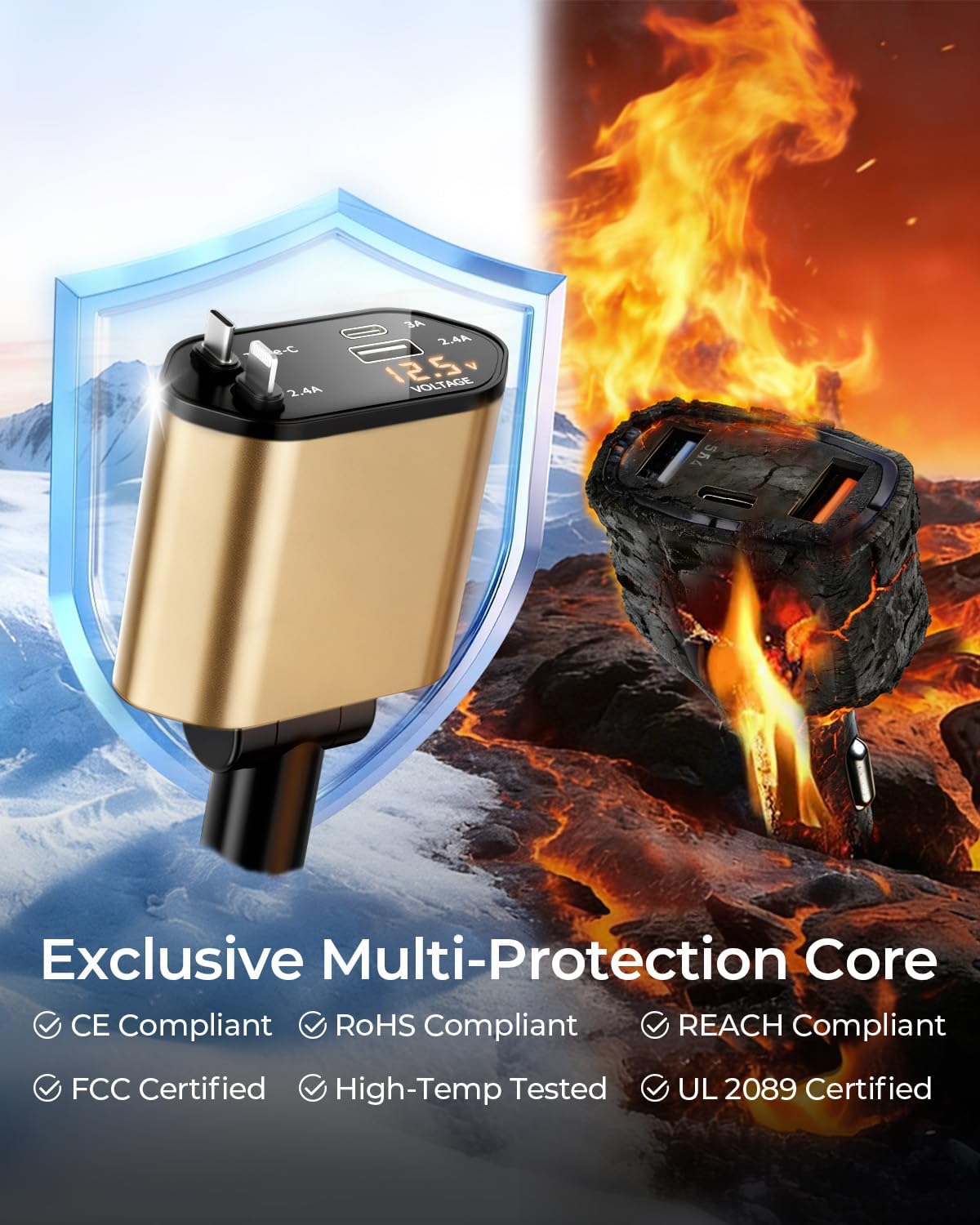 2026 MimAuto 4 in 1 Retractable Car Charger, Car Charger USB C Fast Charger, Car Charger for iPhone 17/16/15/14/13, Samsungs, Tablets, Dash cams, Switch, Gold Car Accessories for Men Women