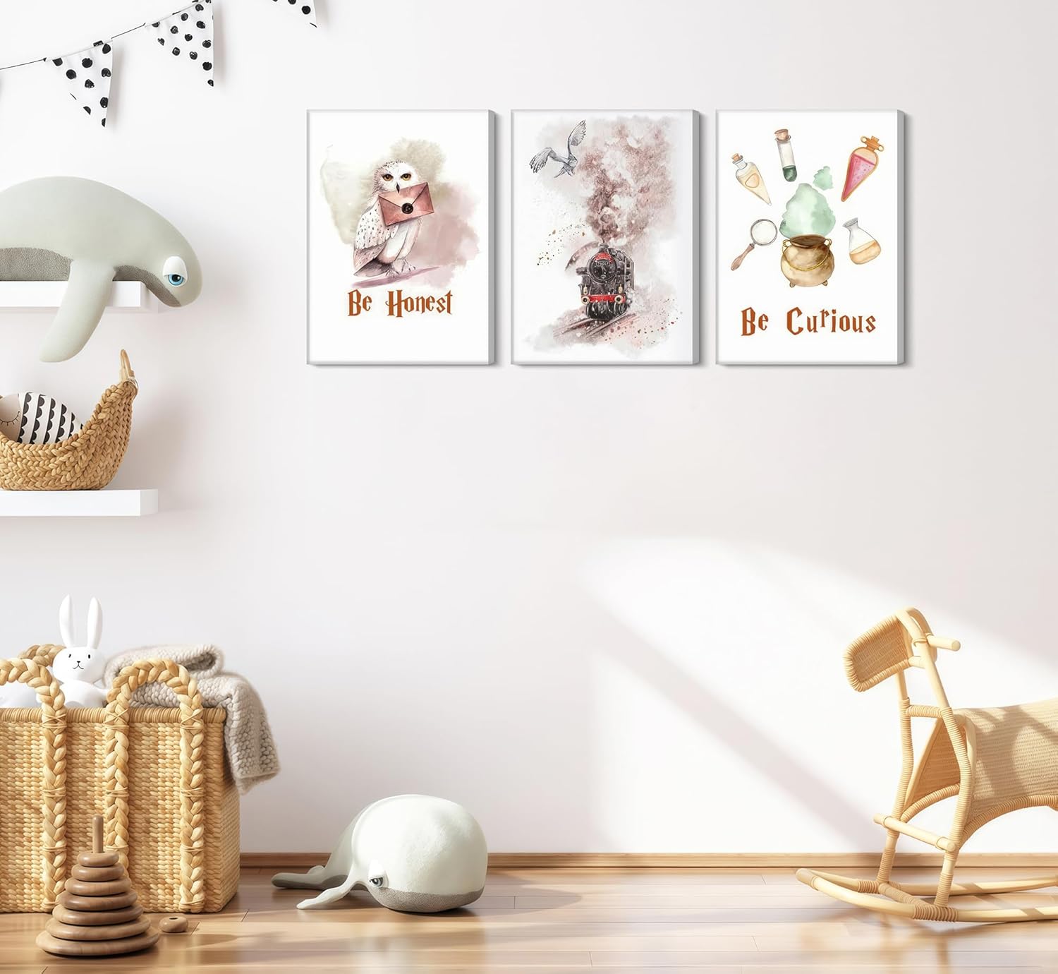 3Pcs Owl Express Train Magic Canvas Wall Art Vintage Watercolor Animal Painting Picture Wall Decor Magic Lovers Honest be Curious Poster Print Artwork for Dormitory Bedroom Nursery Home Decoration