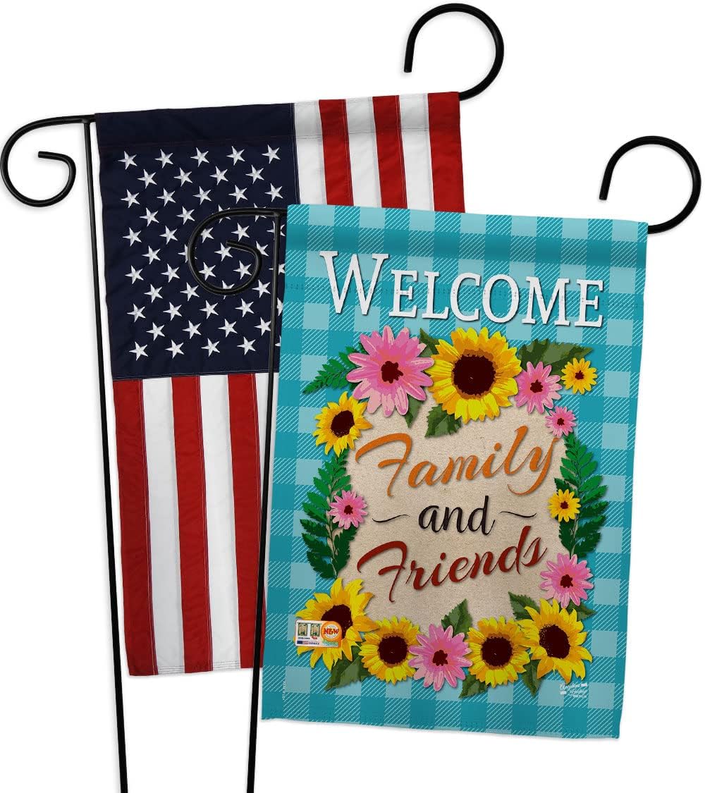 Welcome Family and Friends Garden Flags Pack Floral Sunflower Tulip Rose Orchid Lilies Season Springtime Flower Wreath USA Applique Small Gift Yard House Banner Made In 13 X 18.5