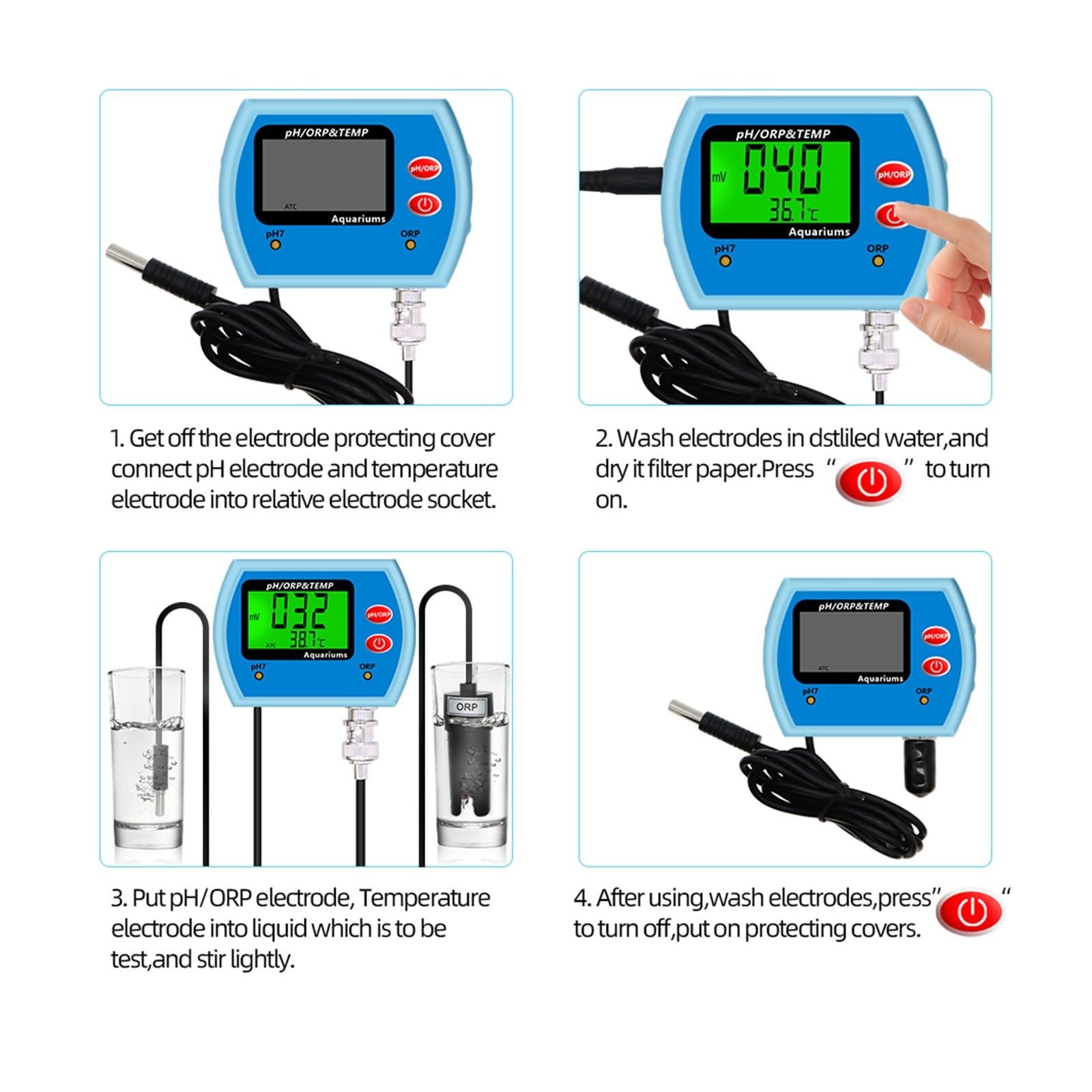 Testeur de qualité de l'eau Multi-Parameter PH Meter Water Quality Acidity Temp ORP Tester Redox Analyzer Monitor Big Screen