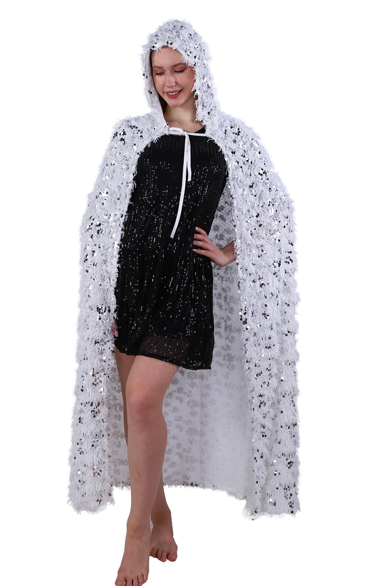 Coolwife Velvet Cloak Cape Wizard Hooded Party Halloween Cosplay Costumes for Men Women 53" (Y Faux Feather White) — image 1