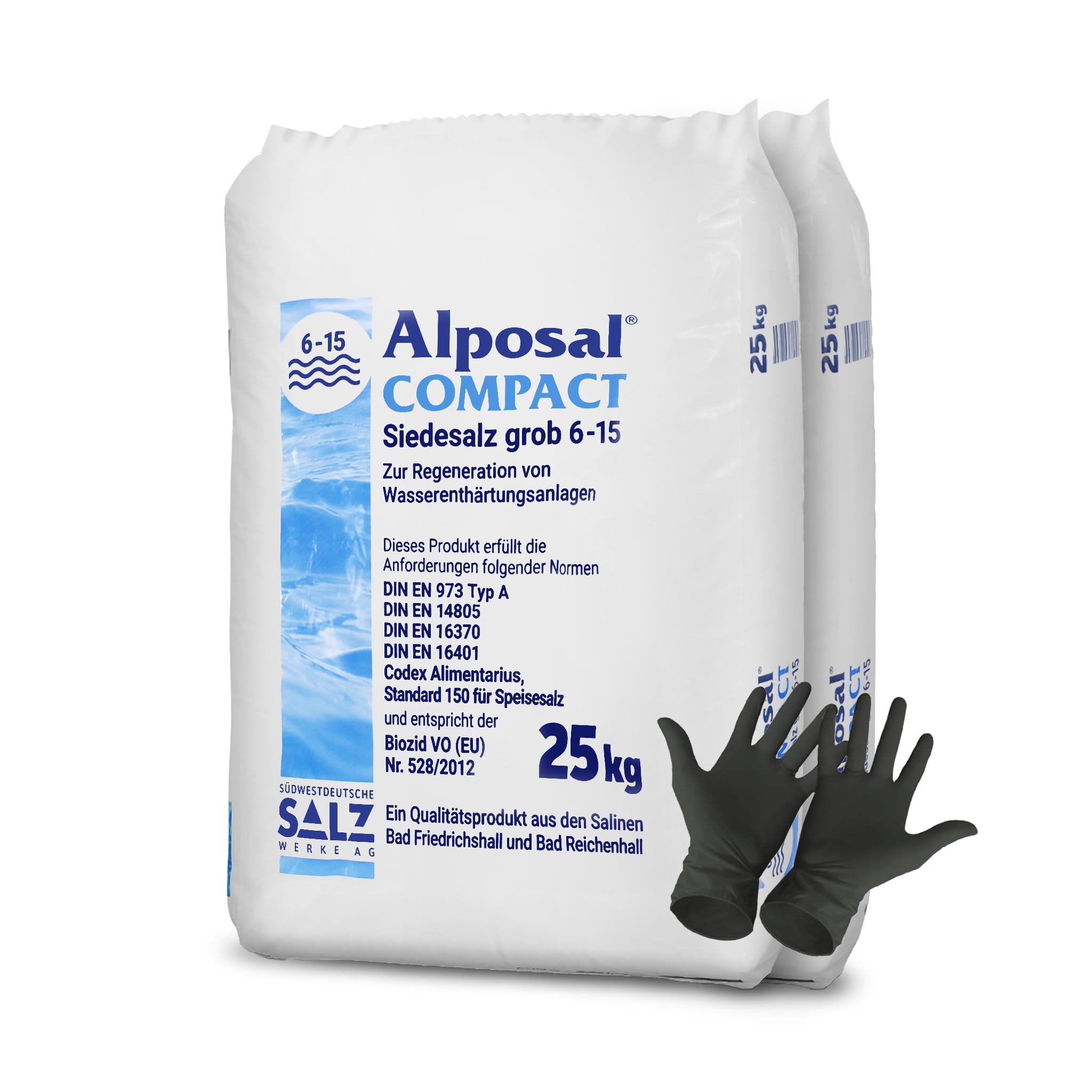 Alposal Compact Broxo 6-15 Regeneriersalz Körner 50 kg Poolsalz Schwimmbadsalz Wasserenthärteranlagen inklusiv 1 Paar ARNOMED Einweghandschuh