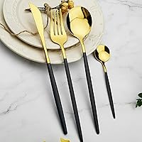 Vista 5 de Vajilla de 36 piezas de cubiertos de acero inoxidable 18/0 pulidos con espejo pulido con mango negro, juego de cubiertos de acero inoxidable 18/0