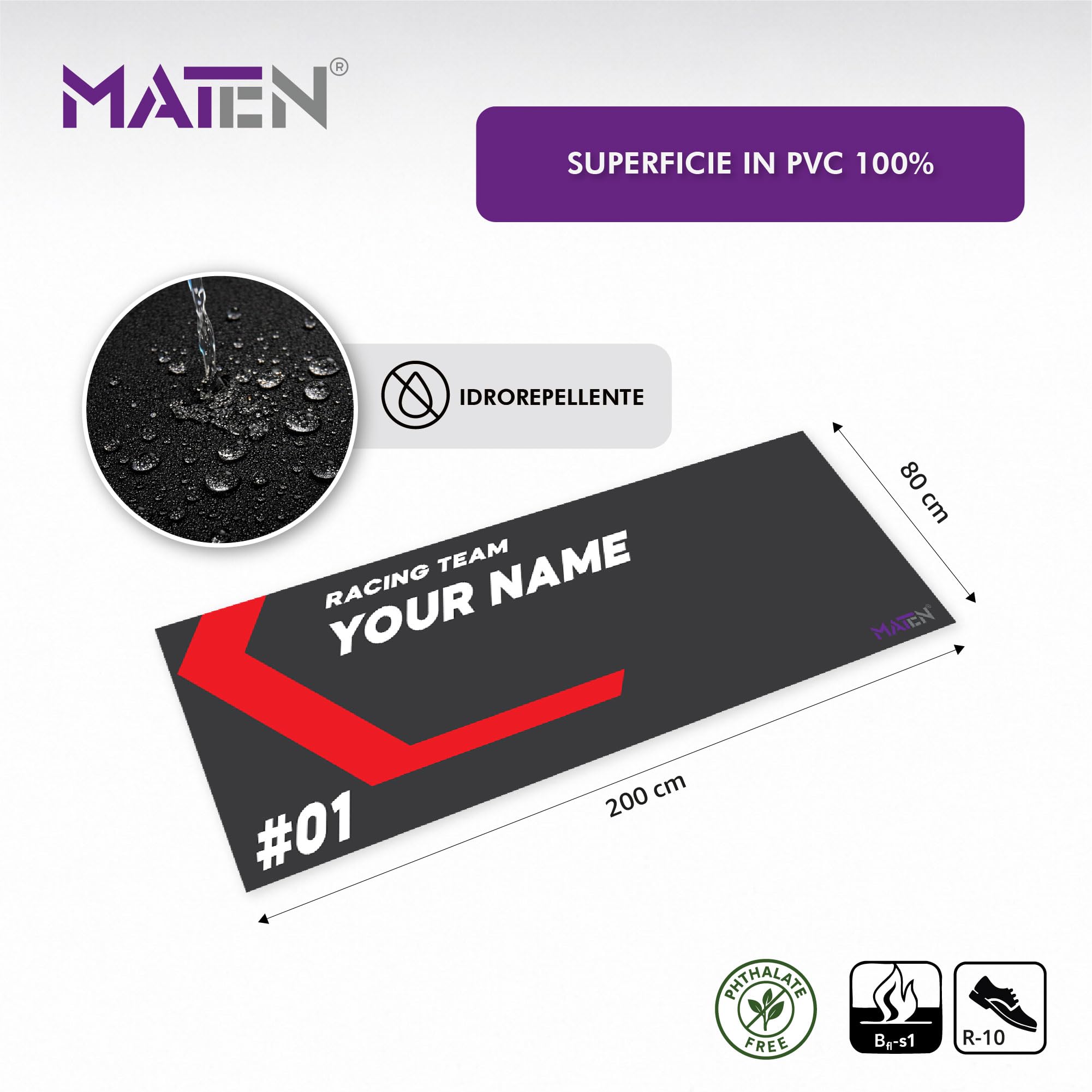 MATEN Tappeto Moto Garage Personalizzabile in PVC stampato, Fondo Antiscivolo, 2.5 mm, Ideale per Officina e Area Manutenzione, Made in Italy