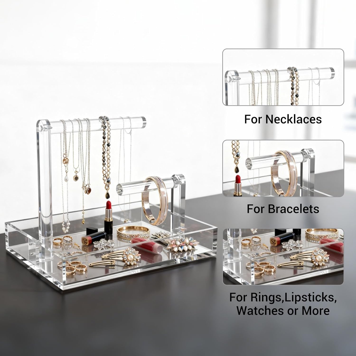 LUGUNU 2-Tier Acrylic Jewelry Organizer, Tangle-Free Necklace and Bracelet Holder Stand with Removable Trays, Clear Vanity Organizer for Earrings Rings, Modern Dresser Decor
