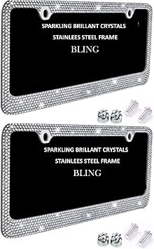 APSG License Plate Frames 2 Pack Glitter White Crystal Rhinestone on Stainless Steel Chrome Plate Holder with Shiny Diamond Bling Front + Rear
