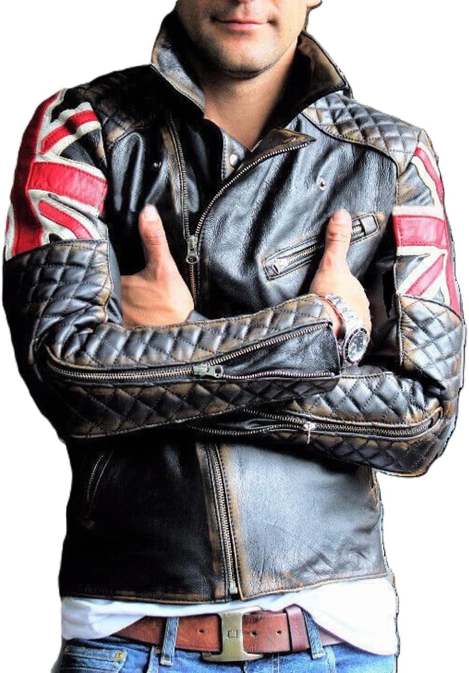 Union Jack UK Flag Cafe Racer Vintage Men Black Motorcycle Biker Leather Jacket