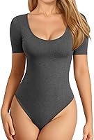 Vista 17 de MANGOPOP Long Short Sleeve Bodysuits for Women Scoop Neck Ribbed Body Suit Stretchy Basic T Shirt Tops