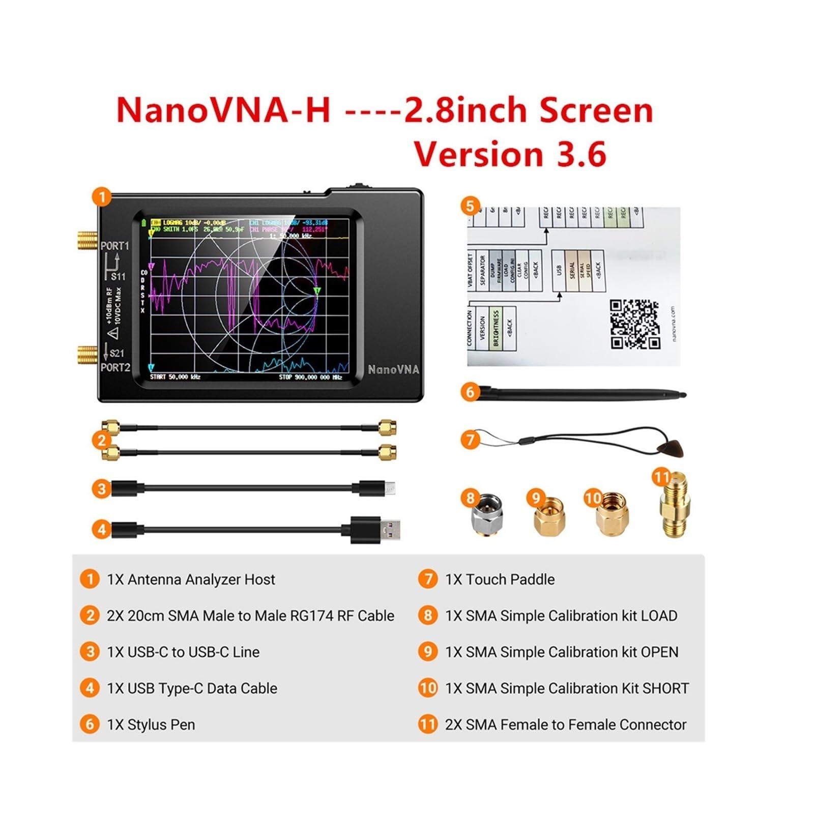 Analizador Vectorial de Redes, Analizador de red vectorial VNA-H4 actualizado de 4 pulgadas 10k-1,5 GHz HF VHF UHF Analizador de antena versión 4,3 con ranura for tarjeta SD Medición de Parámetros S,