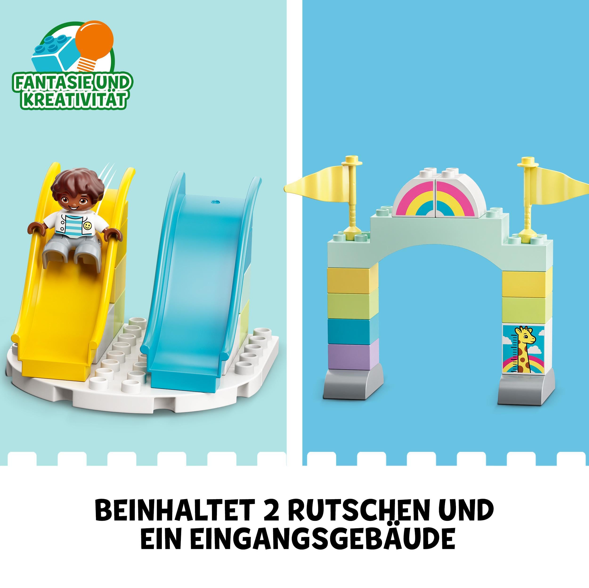 LEGO 10956 DUPLO Erlebnispark, Kinderspielzeug ab 2 Jahre mit Jahrmarkt und Zug für Mädchen und Jungen, Steine zum Bauen und Minifiguren