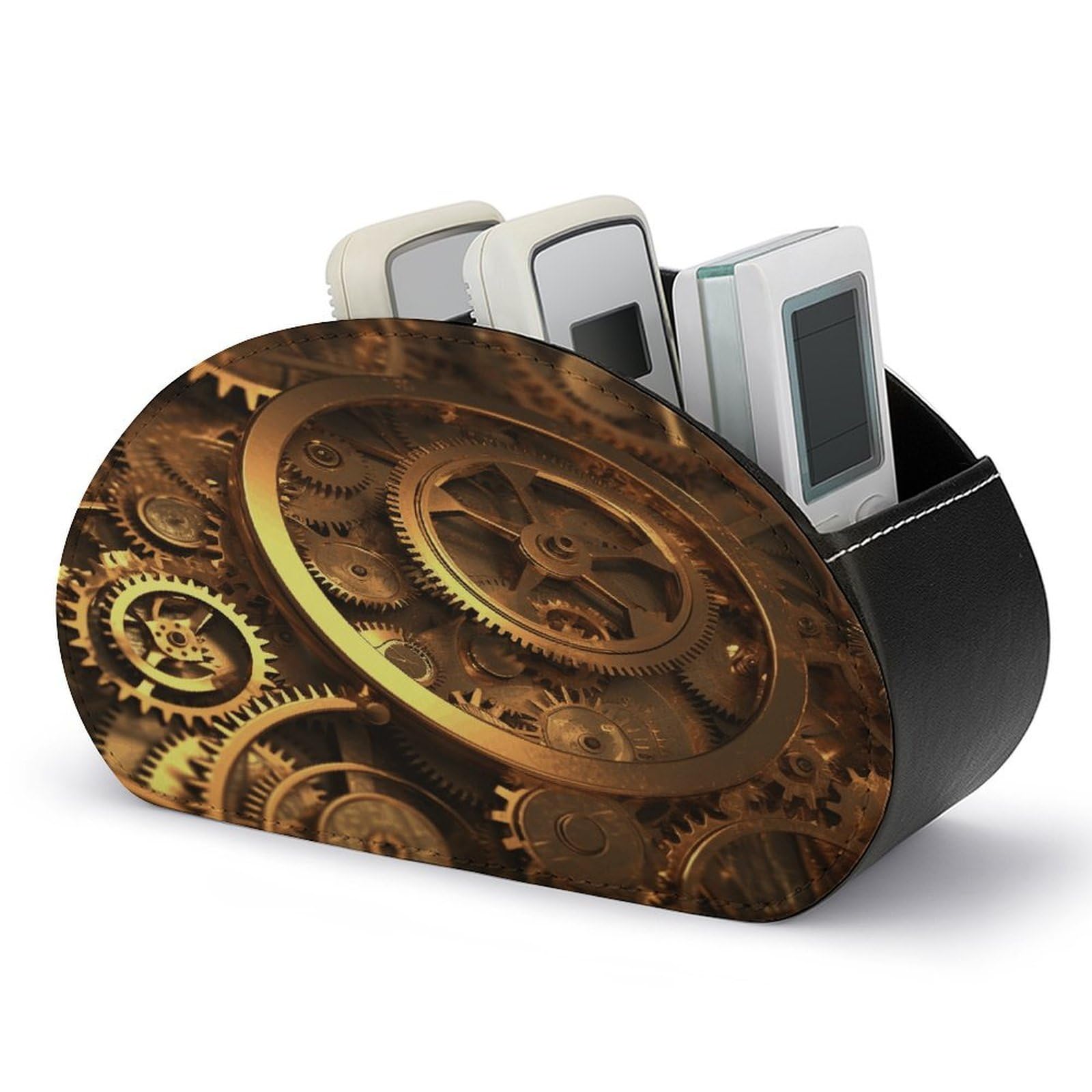 VstaDank Cool Steampunk Gears Remote Control Holder with 5 Compartments PU Leather TV Remoter Caddy Desktop Organizer TV Remote Holder Remote Box for Media Controllers Office Supplies