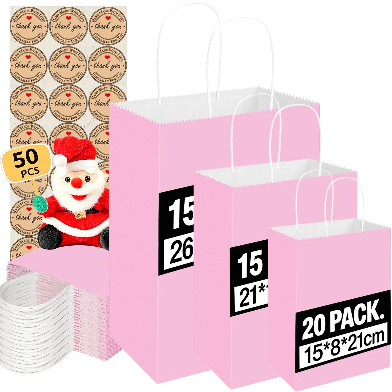 50PCS Kraft Paper Bags With Handles - Mixed Size Gift Bags for Business, Shopping, Retail, Party, Favor, Merchandise,Sacks Restaurant Takeout - 130GMS Thicken Kraft bags (Pink-50PCS)