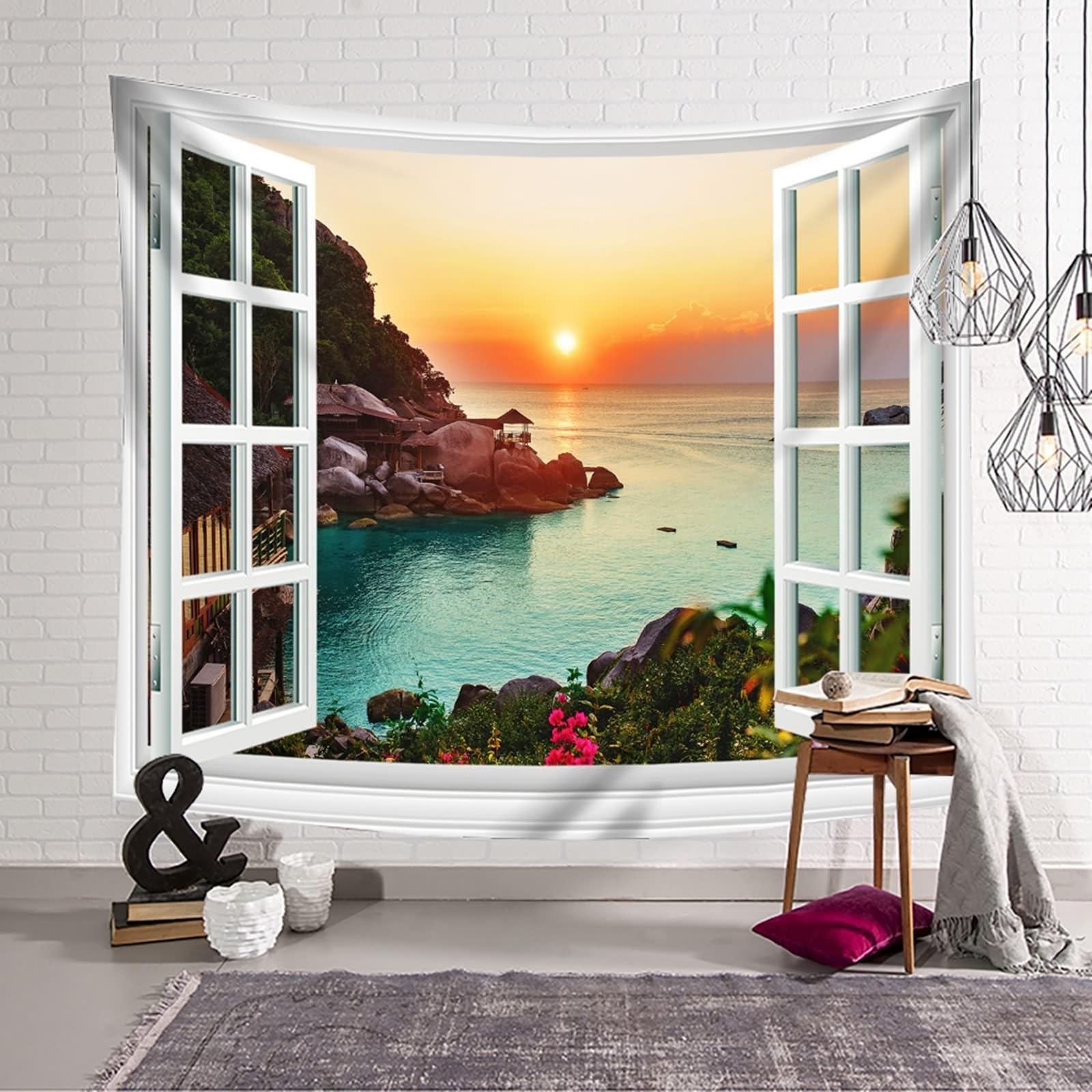Tapiz de pared Papel pintado verde liso tapiz de pared Ocean Orange Puesta de sol en la playa de la ventana de la playa 200 x 200 cm (Ancho x Alto)